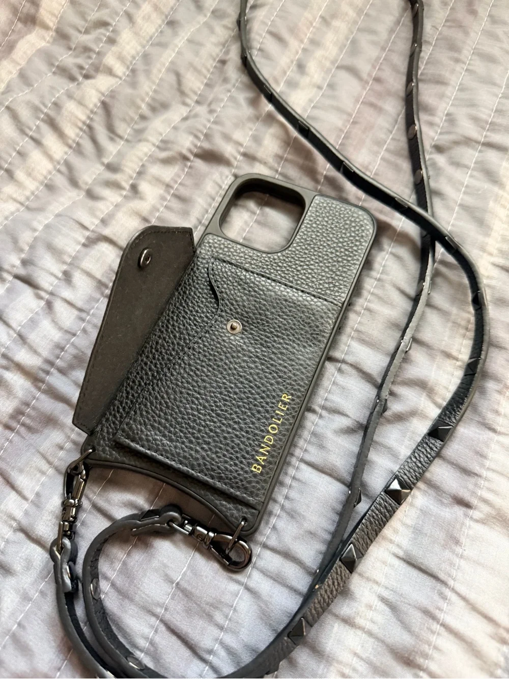 Bandolier Black Pebbled Leather Crossbody Phone Case with Gold Logo